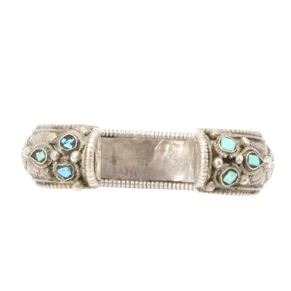Tibetan Cast Silver Alloy Floral Engraved Turquoise Cuff Bracelet